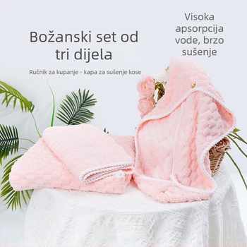 Trodijelna set od coral velveta: ručnik za lice, ručnik za tijelo i kapa za sušenje kose