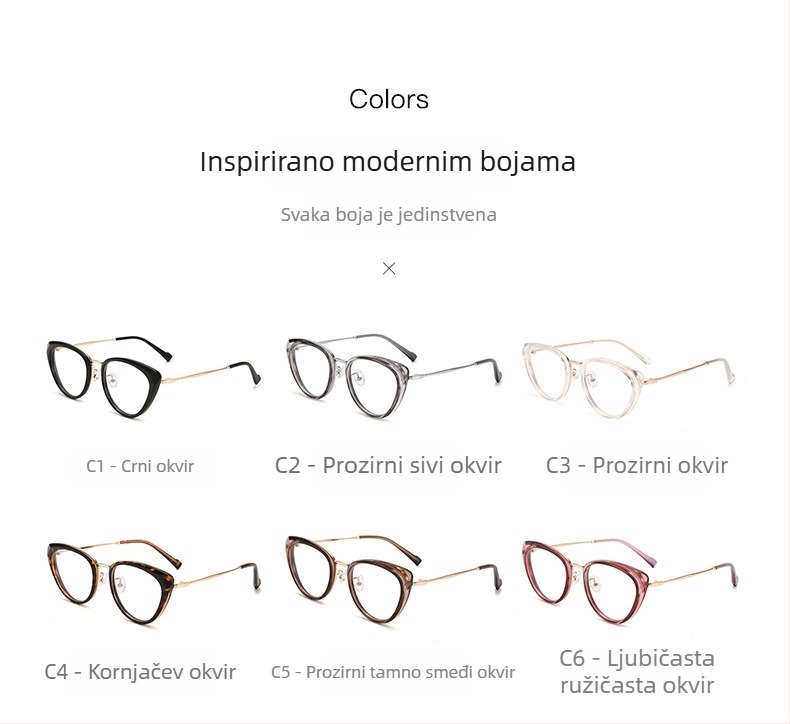 Cat-eye naočale za kratkovidnost s premazom protiv plavog svjetla, okvir TR90+metal, model F-71028, podesivi okvir.