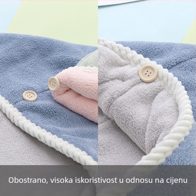 Dvostruka kapa od coral fleece za sušenje kose, mikrovlakana brzo sušenje i upijanje, šivana, težina 140–169 g, pređa 21, mogućnost prilagodbe