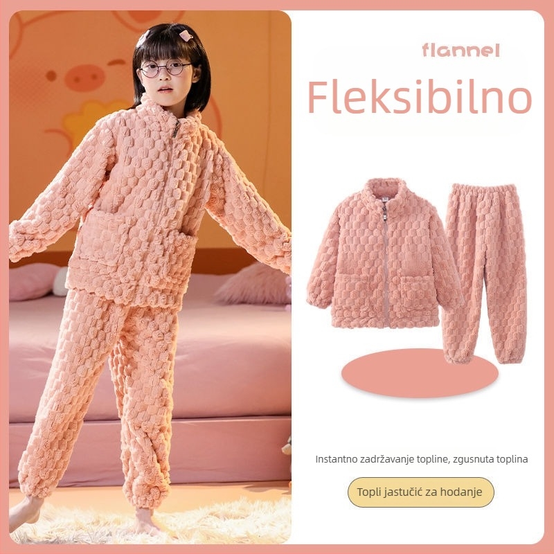 Dječji zimski flanelni komplet s zipom, prugasti uzorak, 95% poliester, dugi rukav, brzo sušenje
