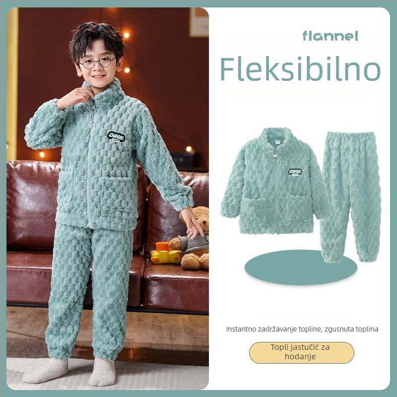 Dječji zimski flanelni komplet s zipom, prugasti uzorak, 95% poliester, dugi rukav, brzo sušenje