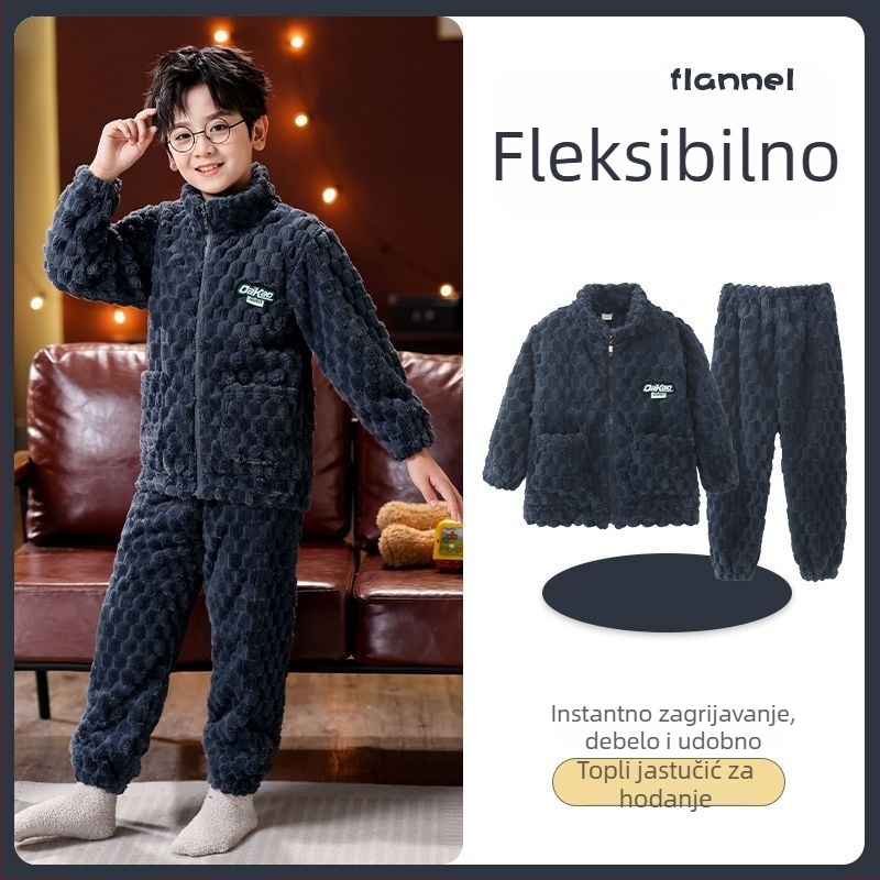 Dječji zimski flanelni komplet s zipom, prugasti uzorak, 95% poliester, dugi rukav, brzo sušenje