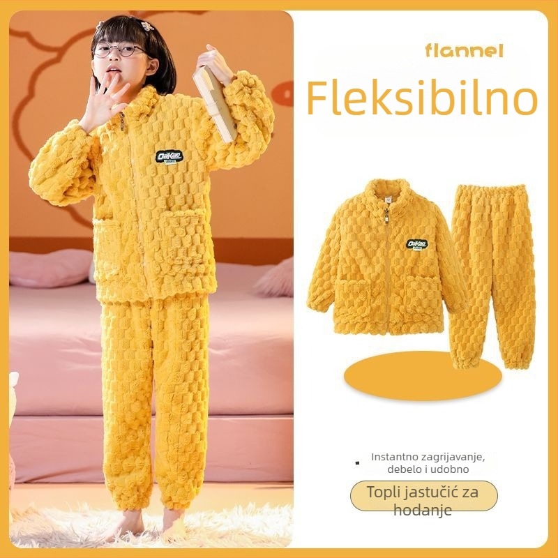 Dječji zimski flanelni komplet s zipom, prugasti uzorak, 95% poliester, dugi rukav, brzo sušenje