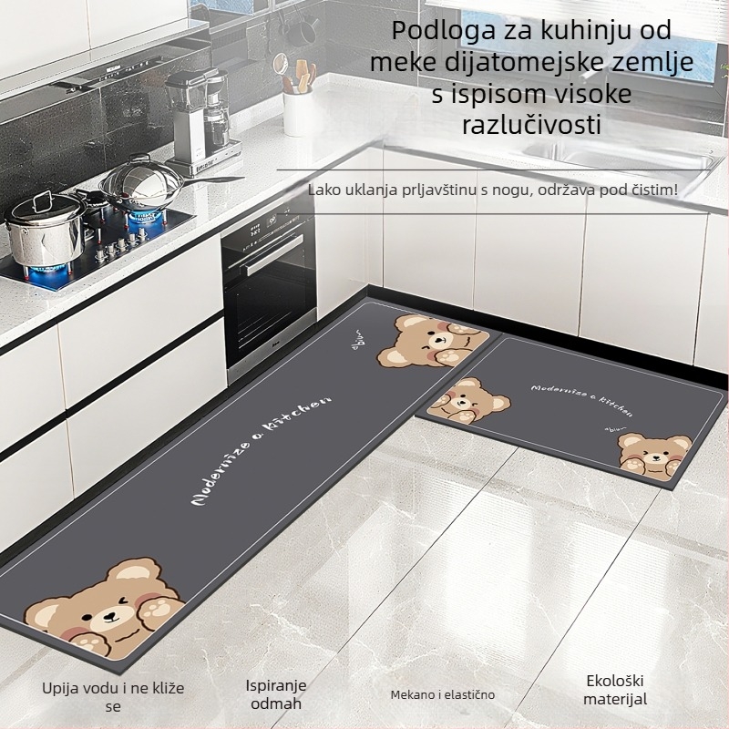 Kuhinjska prostirka od diatomske gline, upija vlagu, protuklizna, otporna na mrlje, može se rezati, jednostavna za održavanje.