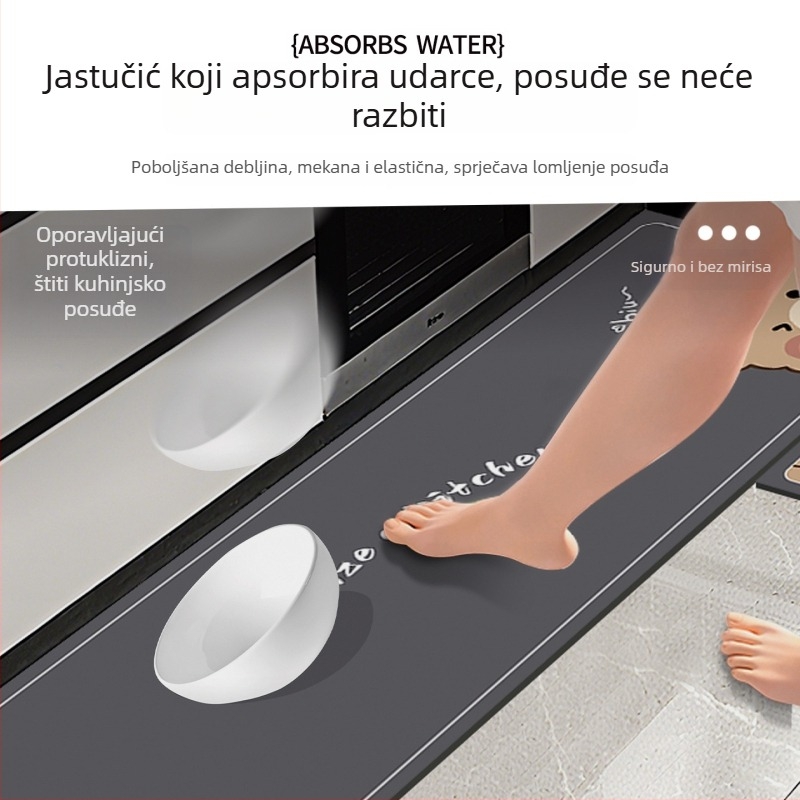 Kuhinjska prostirka od diatomske gline, upija vlagu, protuklizna, otporna na mrlje, može se rezati, jednostavna za održavanje.