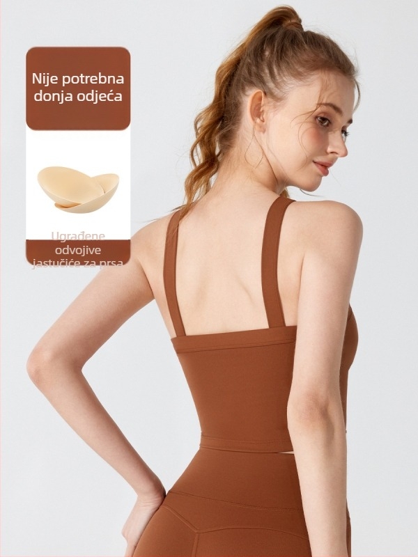 Ženski sportski halter top s jastučićem za dojke i atraktivnim leđima, za jogu — Materijal: Nude Nylon Lycra; Glavni materijal: Nylon; Podstava: Spandex; Vrsta košarice: Puni; Oblik košarice: Srednji; Trake ramena: Fiksne dvostruke