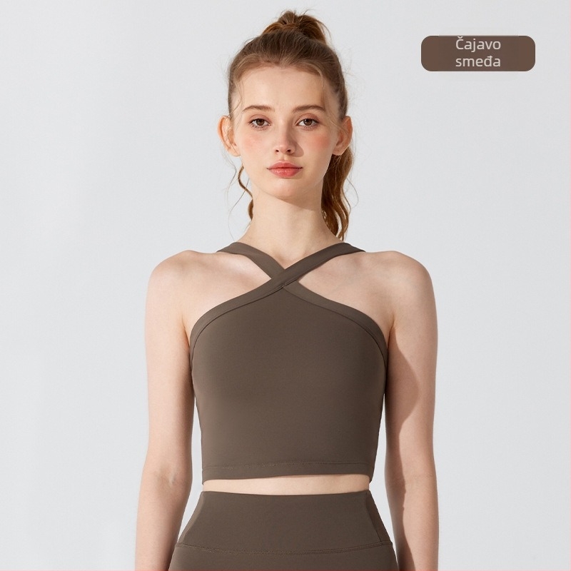 Ženski sportski halter top s jastučićem za dojke i atraktivnim leđima, za jogu — Materijal: Nude Nylon Lycra; Glavni materijal: Nylon; Podstava: Spandex; Vrsta košarice: Puni; Oblik košarice: Srednji; Trake ramena: Fiksne dvostruke
