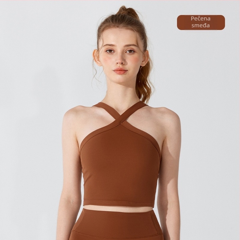 Ženski sportski halter top s jastučićem za dojke i atraktivnim leđima, za jogu — Materijal: Nude Nylon Lycra; Glavni materijal: Nylon; Podstava: Spandex; Vrsta košarice: Puni; Oblik košarice: Srednji; Trake ramena: Fiksne dvostruke