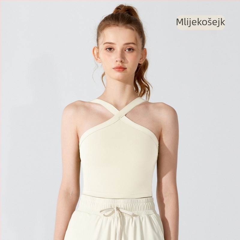Ženski sportski halter top s jastučićem za dojke i atraktivnim leđima, za jogu — Materijal: Nude Nylon Lycra; Glavni materijal: Nylon; Podstava: Spandex; Vrsta košarice: Puni; Oblik košarice: Srednji; Trake ramena: Fiksne dvostruke