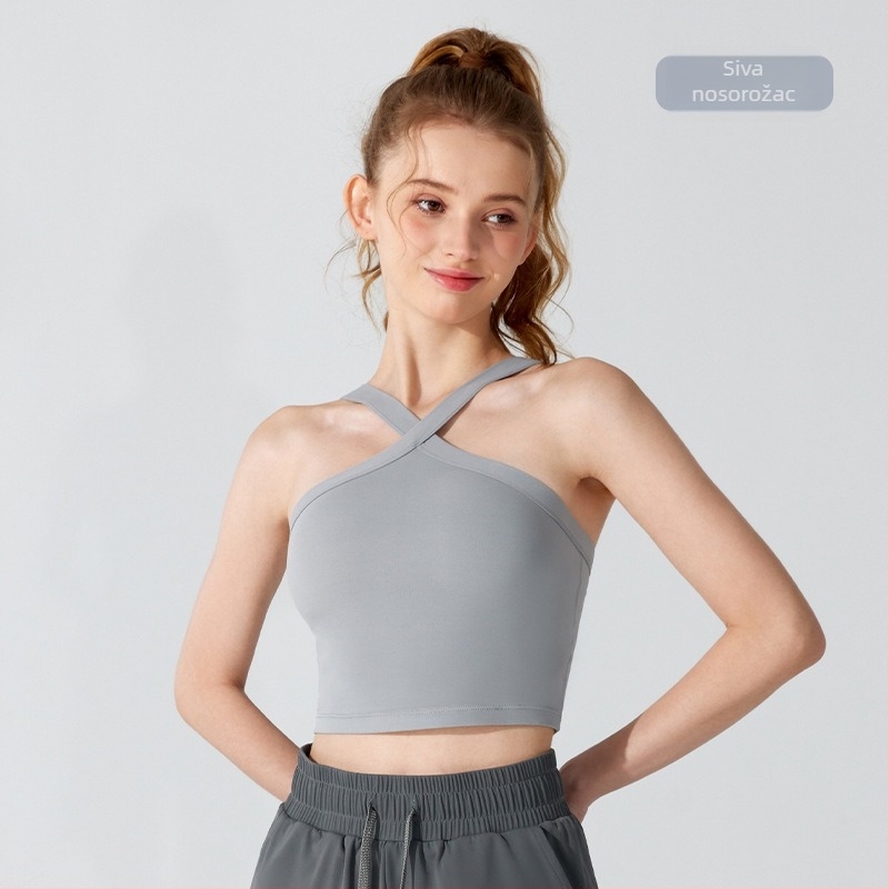 Ženski sportski halter top s jastučićem za dojke i atraktivnim leđima, za jogu — Materijal: Nude Nylon Lycra; Glavni materijal: Nylon; Podstava: Spandex; Vrsta košarice: Puni; Oblik košarice: Srednji; Trake ramena: Fiksne dvostruke