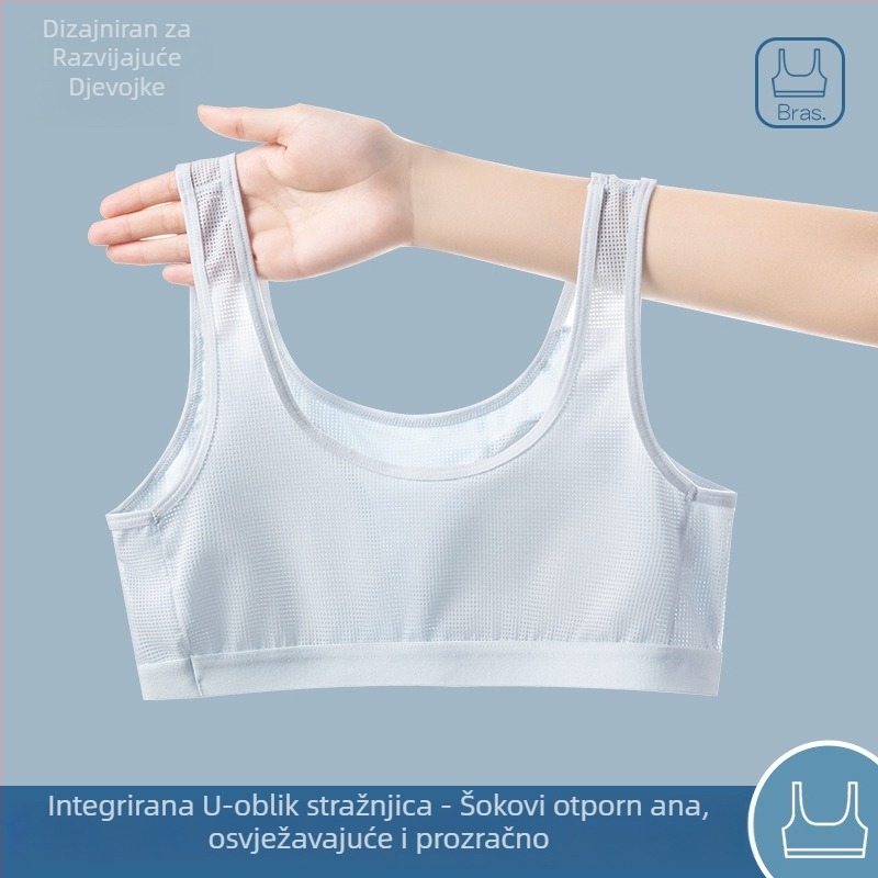 Adolescentski sportski grudnjak-vest, bez šavova, prozračan; glavni materijal najlon s pamukom podstavom; puna košarica, tanko oblikovana košarica s pamukom; fiksni dvostruki remeni