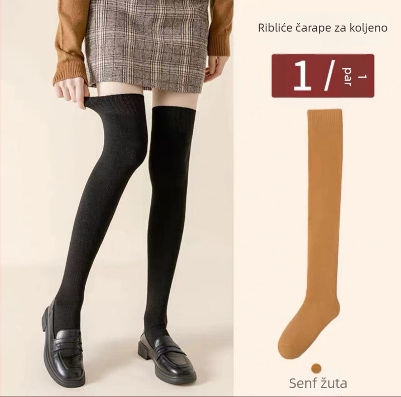 Čarape iznad koljena za zimu s flis podstavom, debele, jednostavne boje, poliester-pamuk smjesa