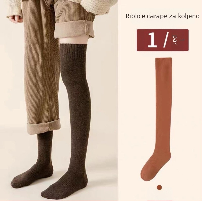 Čarape iznad koljena za zimu s flis podstavom, debele, jednostavne boje, poliester-pamuk smjesa
