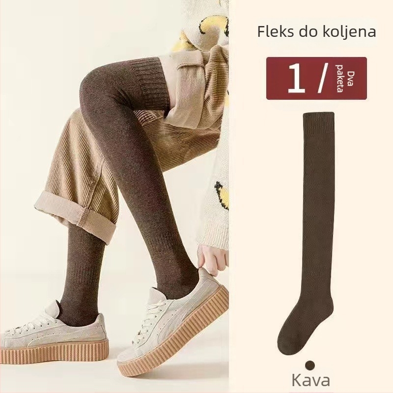 Čarape iznad koljena za zimu s flis podstavom, debele, jednostavne boje, poliester-pamuk smjesa