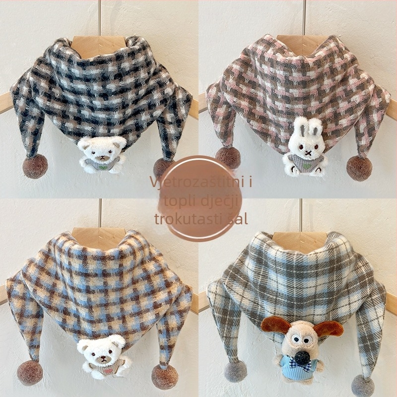 Dječji trokutasti šal, topao i otporan na vjetar, tkana tkanina, karikaturalni uzorak, pogodan za jesen, zimu i proljeće.