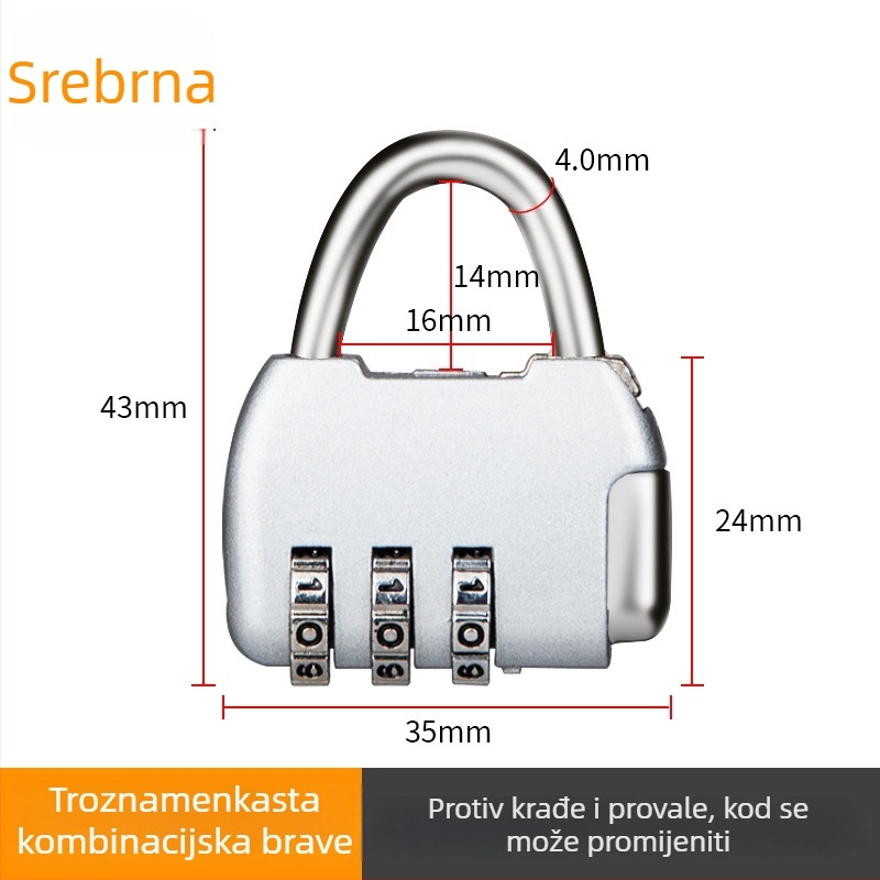 Mehanička brava s parolom za ormariće i prtljagu – cinkovita legura, debljina šipke 3.7 mm, razmak šipke 11 mm, model yx-kkmms, moderni minimalistički stil
