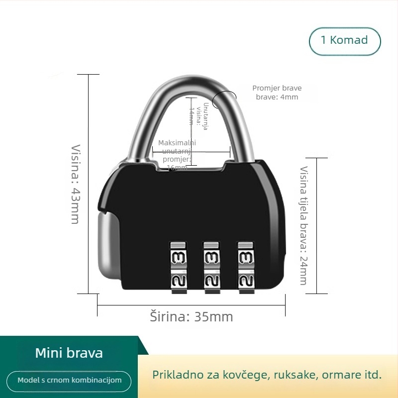 Mehanička brava s parolom za ormariće i prtljagu – cinkovita legura, debljina šipke 3.7 mm, razmak šipke 11 mm, model yx-kkmms, moderni minimalistički stil