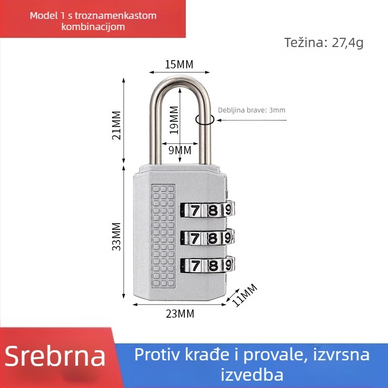Mehanička brava s parolom za ormariće i prtljagu – cinkovita legura, debljina šipke 3.7 mm, razmak šipke 11 mm, model yx-kkmms, moderni minimalistički stil