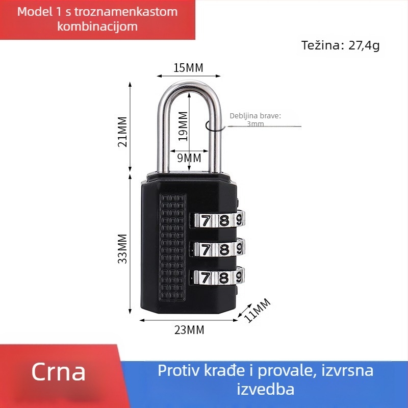 Mehanička brava s parolom za ormariće i prtljagu – cinkovita legura, debljina šipke 3.7 mm, razmak šipke 11 mm, model yx-kkmms, moderni minimalistički stil