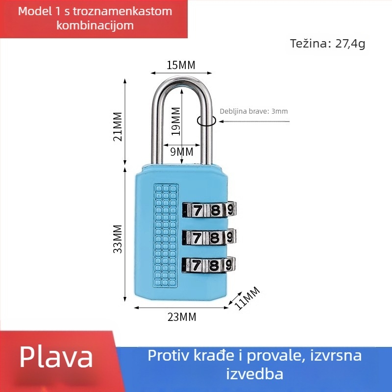 Mehanička brava s parolom za ormariće i prtljagu – cinkovita legura, debljina šipke 3.7 mm, razmak šipke 11 mm, model yx-kkmms, moderni minimalistički stil