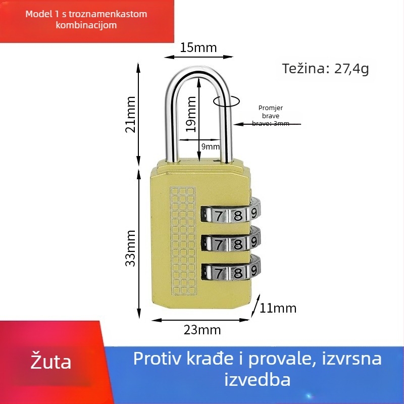 Mehanička brava s parolom za ormariće i prtljagu – cinkovita legura, debljina šipke 3.7 mm, razmak šipke 11 mm, model yx-kkmms, moderni minimalistički stil