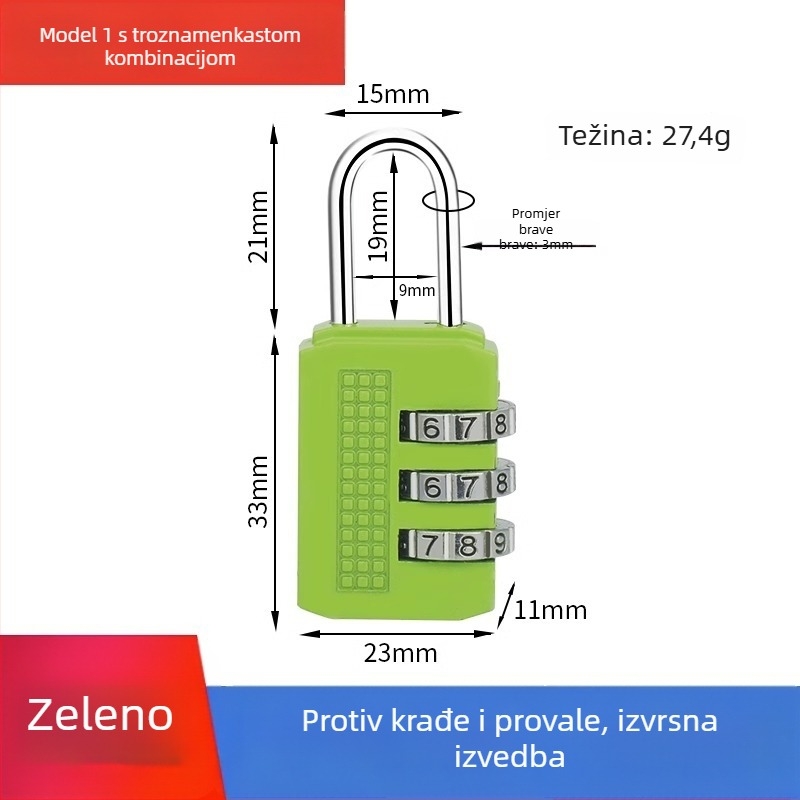 Mehanička brava s parolom za ormariće i prtljagu – cinkovita legura, debljina šipke 3.7 mm, razmak šipke 11 mm, model yx-kkmms, moderni minimalistički stil