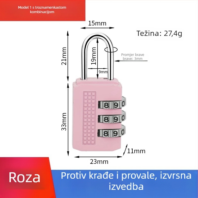 Mehanička brava s parolom za ormariće i prtljagu – cinkovita legura, debljina šipke 3.7 mm, razmak šipke 11 mm, model yx-kkmms, moderni minimalistički stil