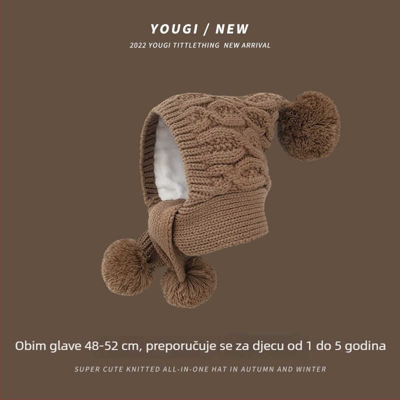 Korejskog stila pletena kapa s flis podstavom za zaštitu uha, zimska, unisex, za djecu od 6 mjeseci do 6 godina, poliester