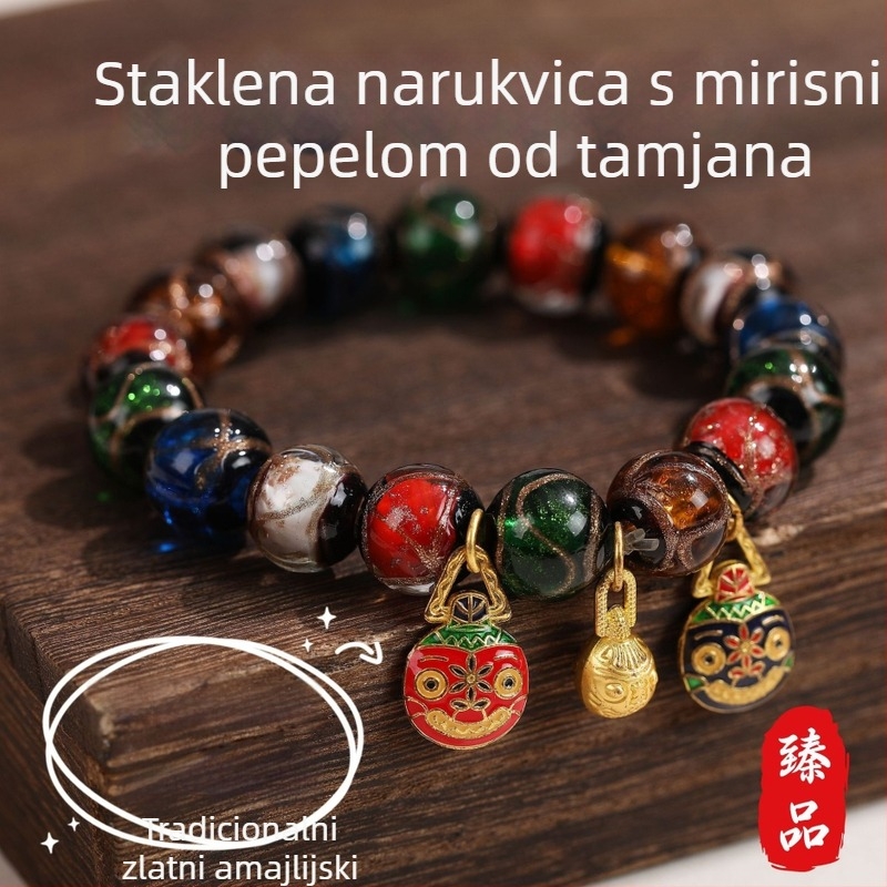 Narukvica Gold-Swallowing Beast, staklene perle s glazurom Incense-Ash, vintage stil, unisex, ručna izrada, 19 komada