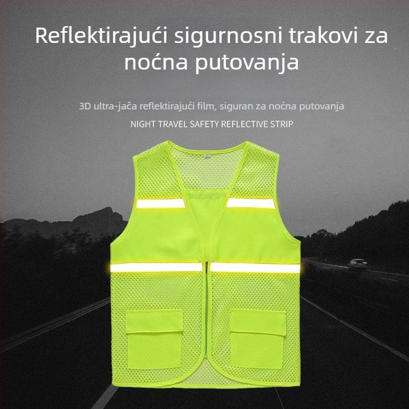 Reflektirajuća sigurnosna vest za volontere, uski kroj, 100% poliester, prugasti uzorak, skidiva kapuljača