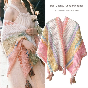 Putni šal za žene, etnički pleteni ogrtač-šal, vunen, warp knitting, topao, razni uzorci, japansko-korejski sladak stil, Sezone: ljeto, zima, proljeće, jesen