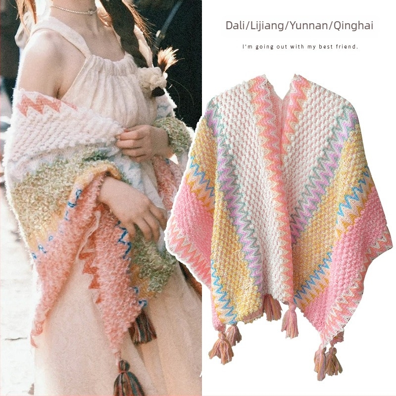 Putni šal za žene, etnički pleteni ogrtač-šal, vunen, warp knitting, topao, razni uzorci, japansko-korejski sladak stil, Sezone: ljeto, zima, proljeće, jesen