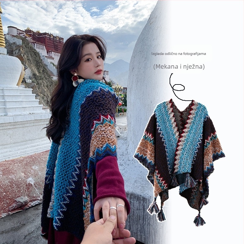 Putni šal za žene, etnički pleteni ogrtač-šal, vunen, warp knitting, topao, razni uzorci, japansko-korejski sladak stil, Sezone: ljeto, zima, proljeće, jesen