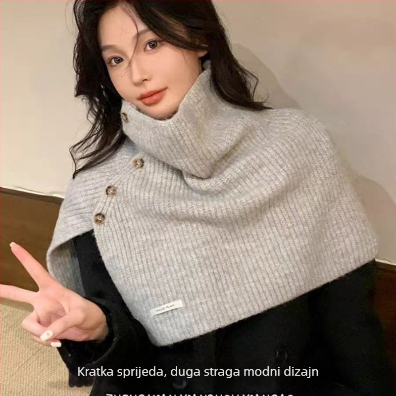 Korejski stil šal s visokim ovratnikom i pleteni komplet za vrat za žene, jesen-zima, sa gumbima, topao i svestran