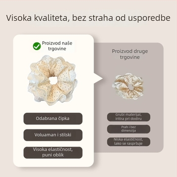 Elastična gumica za kosu s čipkastim obrubom i cvijetom s točkicama – Ručno rađeno, korejski stil, jesen 2025
