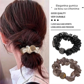 Gumica za kosu s imitacijskim perlama, organza i kristali, mrežasti plisirani dizajn, ručna izrada, visoka elastičnost