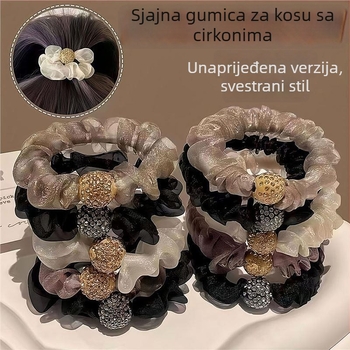 Gumica za kosu s imitacijskim perlama, organza i kristali, mrežasti plisirani dizajn, ručna izrada, visoka elastičnost