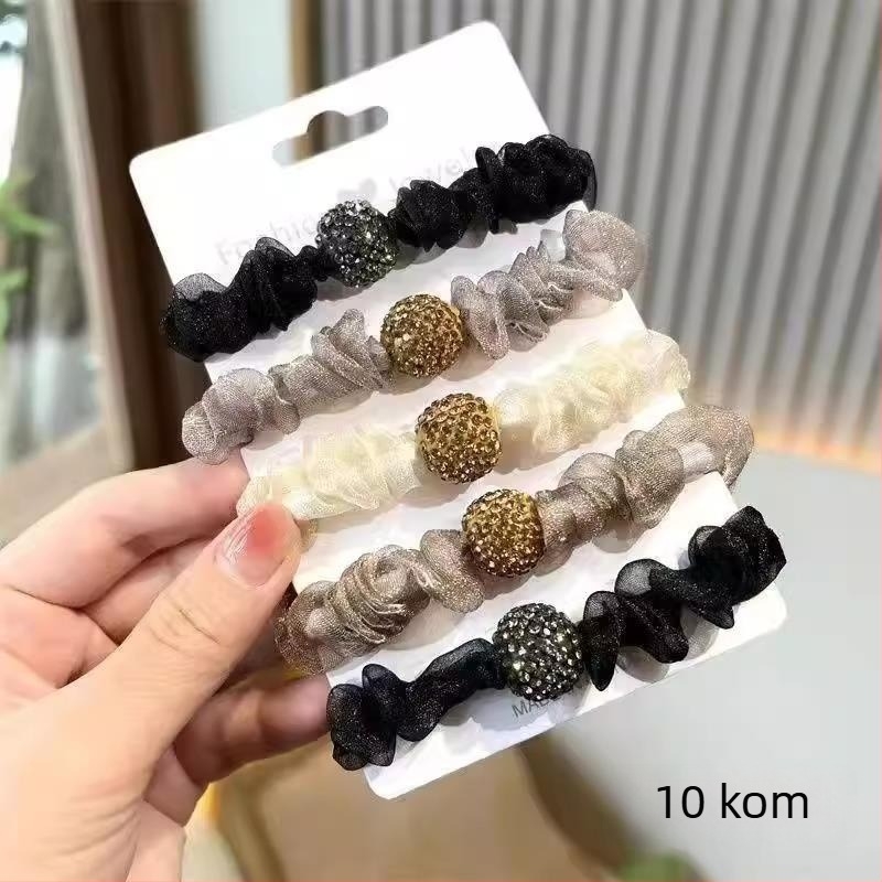 Gumica za kosu s imitacijskim perlama, organza i kristali, mrežasti plisirani dizajn, ručna izrada, visoka elastičnost