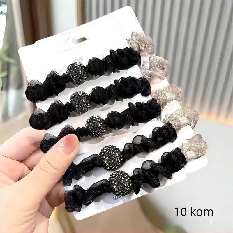 Gumica za kosu s imitacijskim perlama, organza i kristali, mrežasti plisirani dizajn, ručna izrada, visoka elastičnost