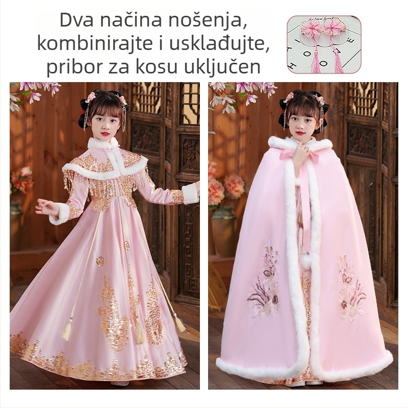 Dječja haljina u Tang stilu s debelom pelerinom, Zimska kolekcija 2025, mekana obrada poliestera, za djecu od 8 godina