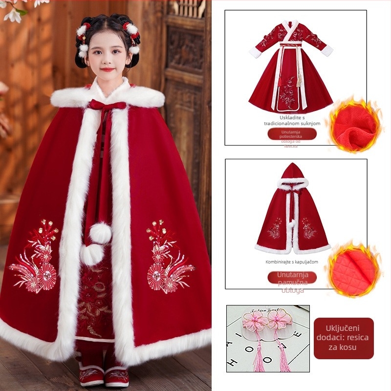 Dječja haljina u Tang stilu s debelom pelerinom, Zimska kolekcija 2025, mekana obrada poliestera, za djecu od 8 godina