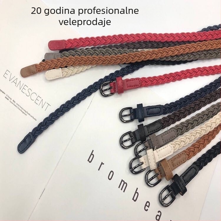 Ženski pleteni kaiš s kopčom na pin, umjetna koža, kopča od legure, uska širina ispod 2 cm, minimalistički elegantan kaiš za haljinu