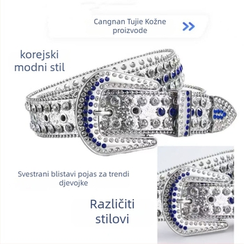 Visokokvalitetni PU ženski kaiš s kopčom od legure, zatvarač na iglu, ukrašen perlicama i kamenčićima; stil visoke klase