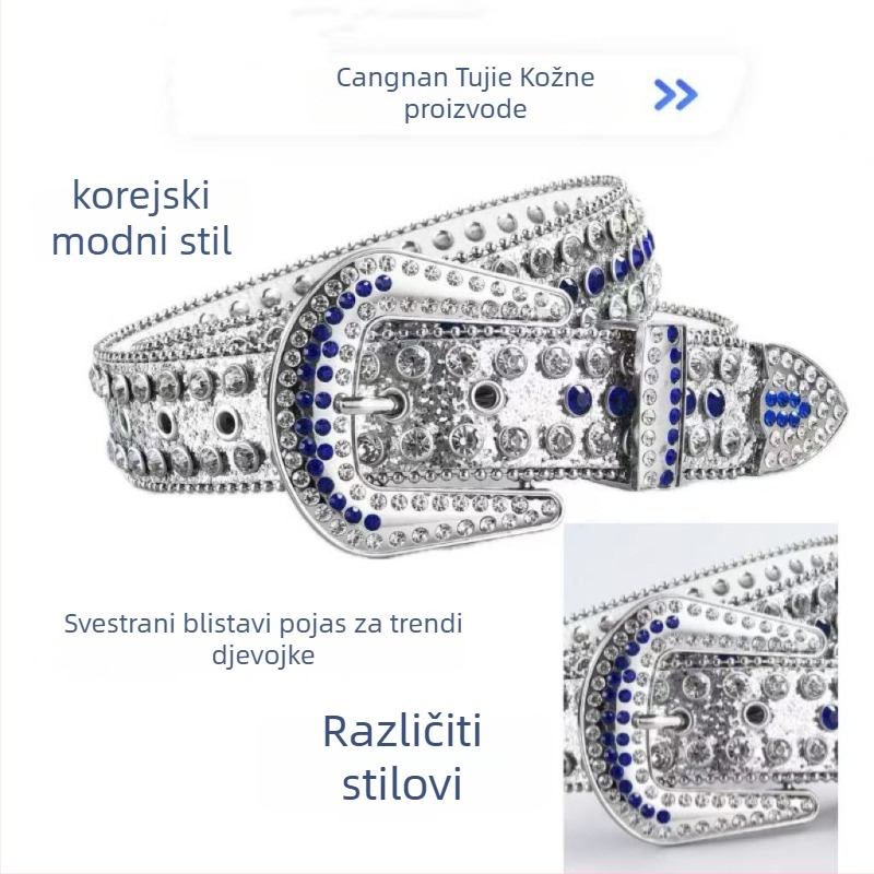 Visokokvalitetni PU ženski kaiš s kopčom od legure, zatvarač na iglu, ukrašen perlicama i kamenčićima; stil visoke klase