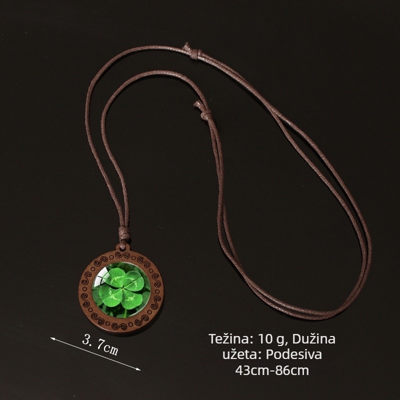 Drveni ogrlicu s privjeskom u obliku lista i četverolisne detelje, ručno izrađeno, modni stil