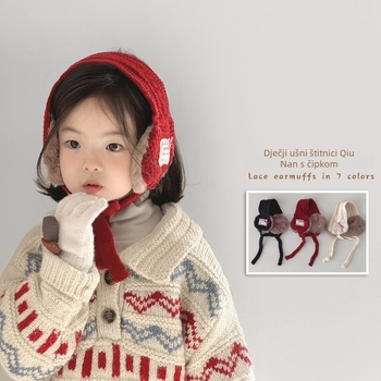 Dječje pletene ušne zaštitnice s čipkastim vezom — zimska toplina, otporne na vjetar, unisex