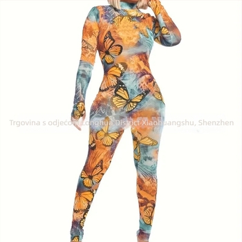 Overal s dugim rukavima, 3D ispis, ulični hipster stil, tkanina mliječna svila i poliester, uske hlače