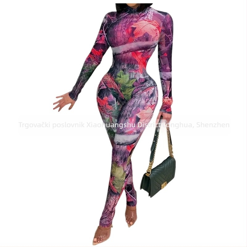 Overal s dugim rukavima, 3D ispis, ulični hipster stil, tkanina mliječna svila i poliester, uske hlače