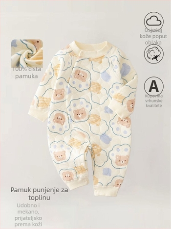 Bejbi kombinezon od pamuka – tro-slojno toplo, za novorođenčad, jesen-zima, dugi rukavi, prednje zatvaranje jednim kopčom
