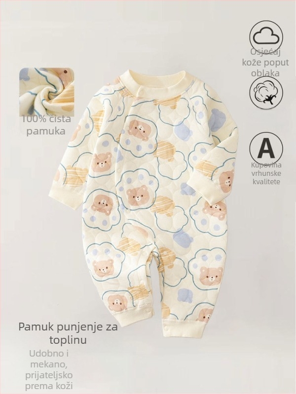 Bejbi kombinezon od pamuka – tro-slojno toplo, za novorođenčad, jesen-zima, dugi rukavi, prednje zatvaranje jednim kopčom